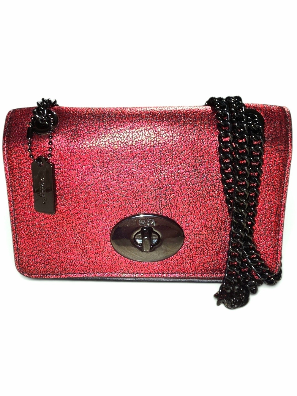 Coach Metallic Red Leather Turnlock Crossbody with Black Chain